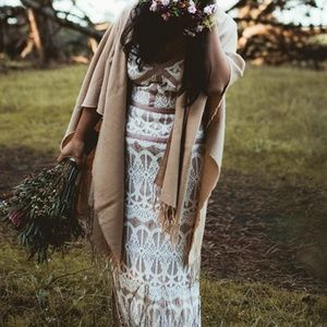 White and Pink Boho Lace Satin Trim Maxi Dress